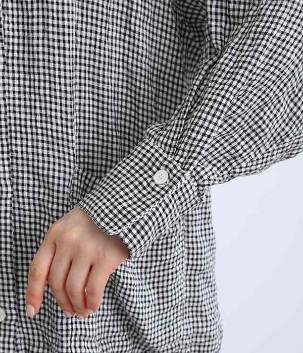 リネン混シャーリング オーバーサイズシャツ(B・ホワイト×ブラックギンガム)