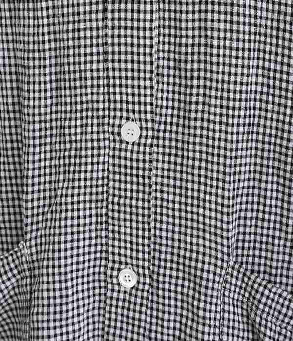 リネン混シャーリング オーバーサイズシャツ(B・ホワイト×ブラックギンガム)