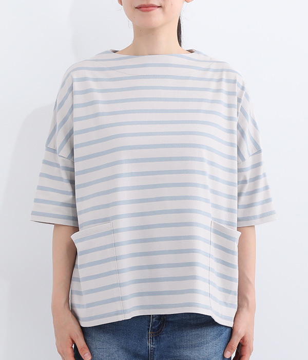 製品洗い 天竺バスクシャツ6分袖(A・グレー×サックス)