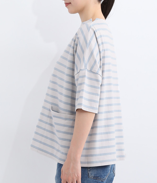 製品洗い 天竺バスクシャツ6分袖(A・グレー×サックス)