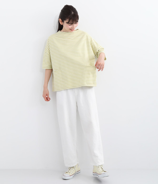 製品洗い 天竺バスクシャツ6分袖(C・ベージュ×チャコール)