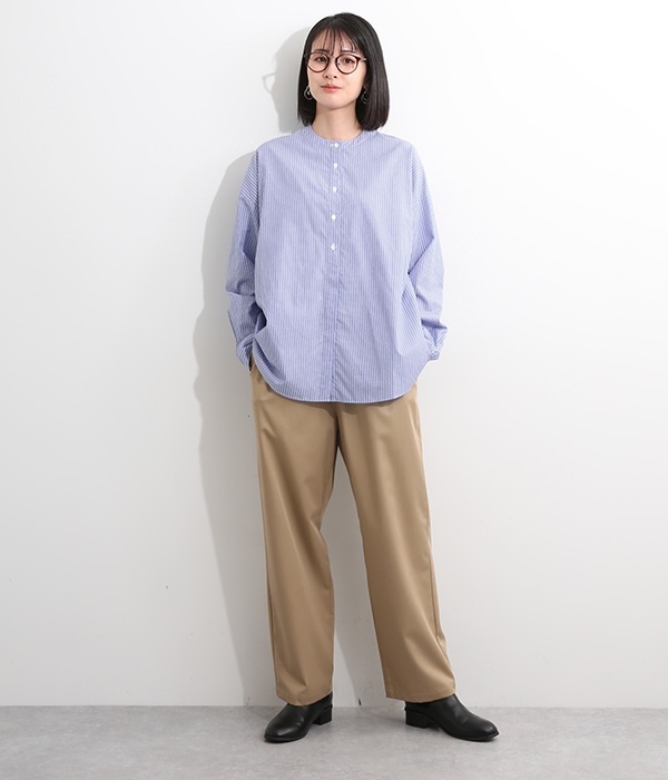 【Kanocoさんコラボ】ラウンドカラー　ロングシャツ(C・ブルー細ストライプ)
