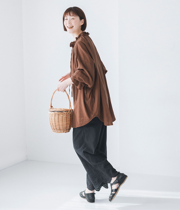 コットンリネン スカラップパンツ(B・ブラック)