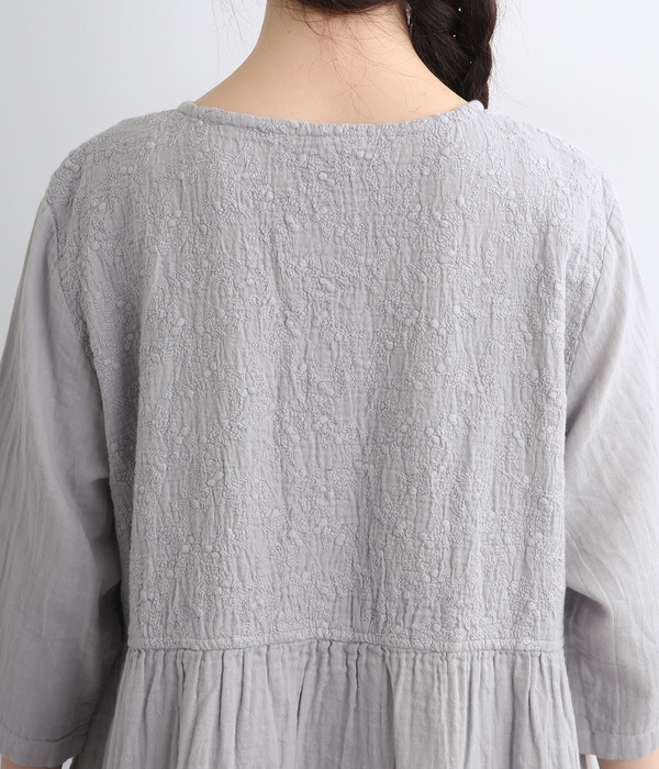Wガーゼ小花刺繍胸切替ワンピース(A・ライトグレー)
