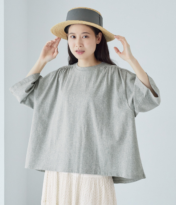 ギャザー5分袖Tシャツ(A・杢グレー)
