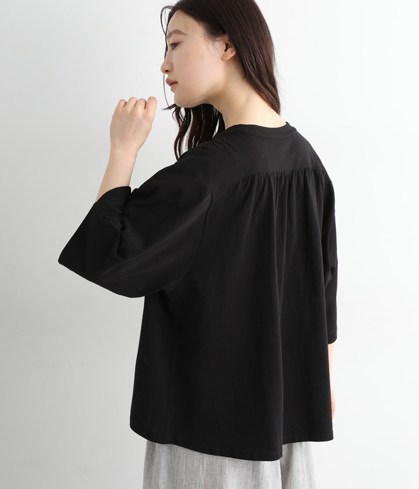 ギャザー5分袖Tシャツ(C・ブラック)