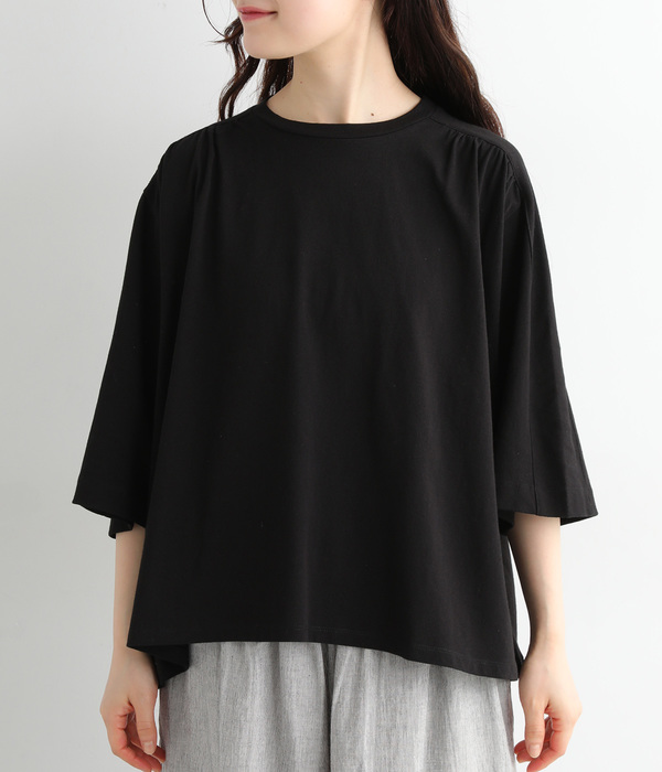 ギャザー5分袖Tシャツ(C・ブラック)