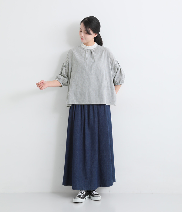コットンレース付ハイネック5分袖ブラウス(A・アイボリー)