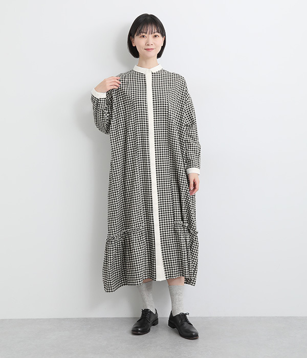 コットン長袖裾ギャザー切替シャツワンピース(A・ネイビー×ホワイト)