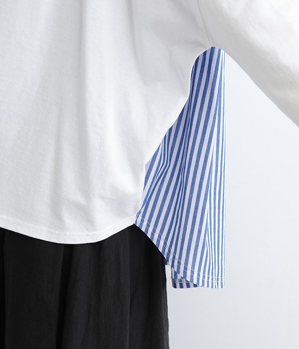 天竺×ストライプローン　バックギャザーTシャツ(A・オフホワイト×ブルー)