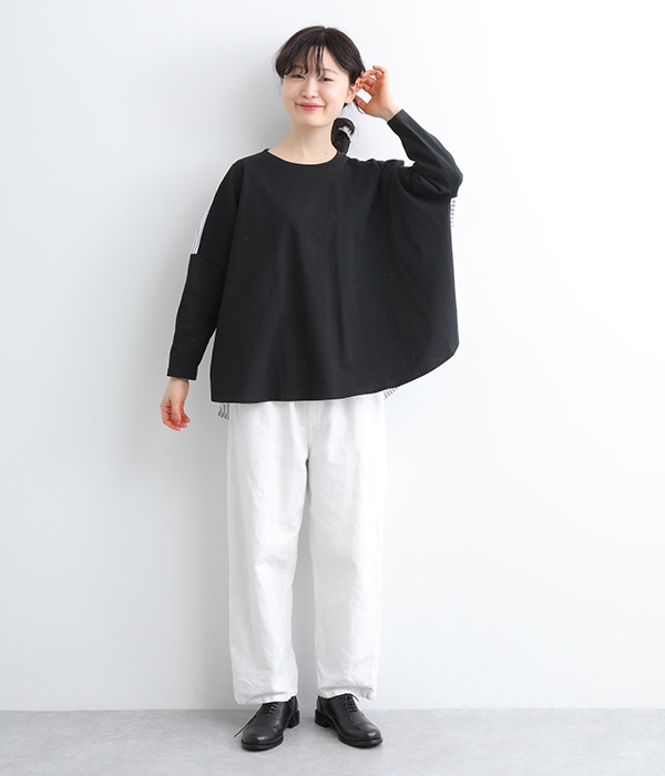 天竺×ストライプローン　バックギャザーTシャツ(B・ブラック×グレー)