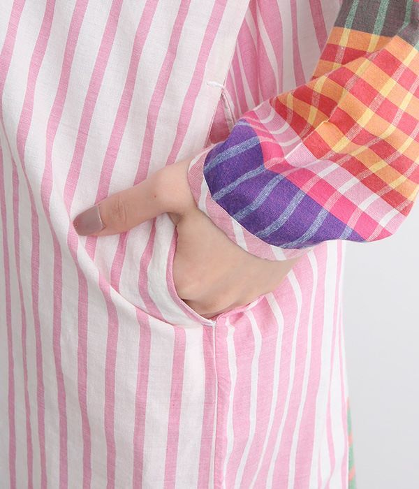 パワールームマドラスチェックワンピースドレス(B・ネイビー/ピンク)