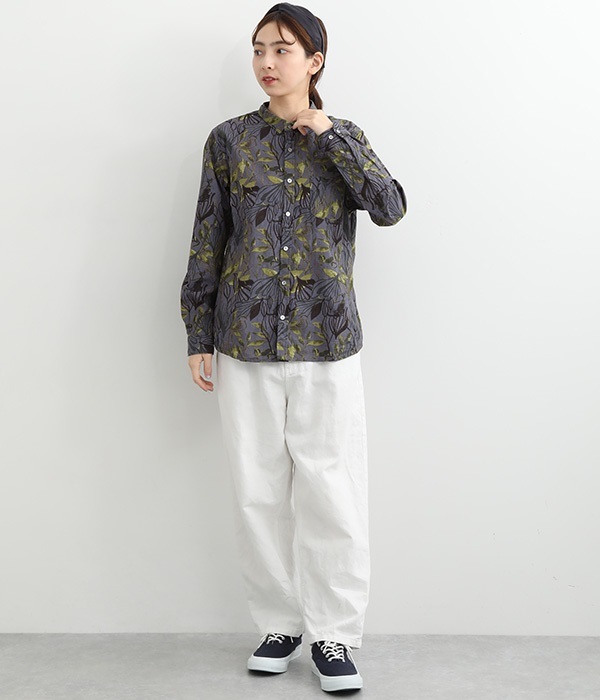 AIRJETキャンブリック　水彩リーフプリント　レギュラーシャツ(A・オフホワイト)