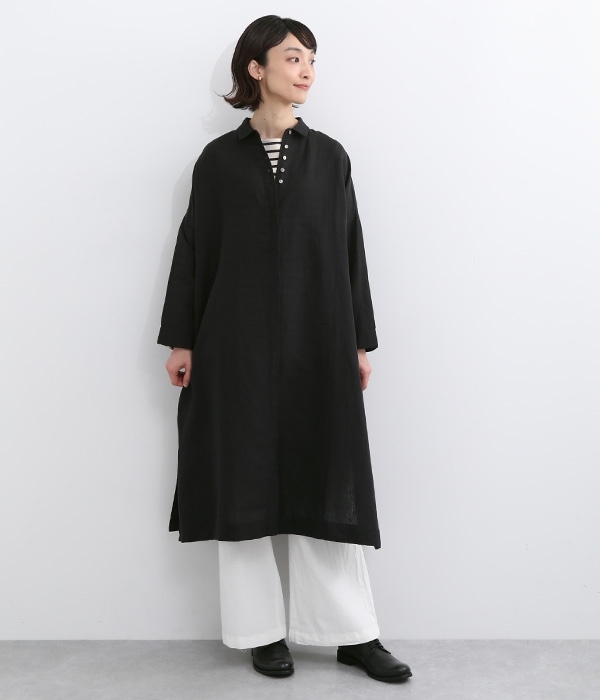 India Linen cotton　ワイドシャツワンピース(C・ブラック)