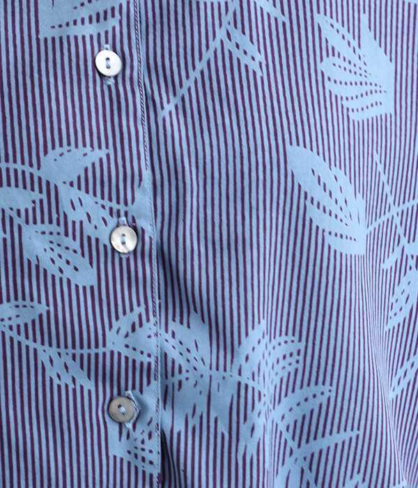 レーヨンステイプル　リーフストライププリント　開襟半袖ワイドシャツ(B・ブルー)