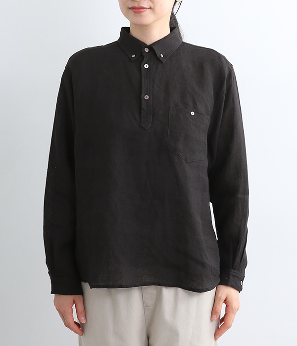 リネン　襟付きプルオーバーシャツ(C・ブラック)