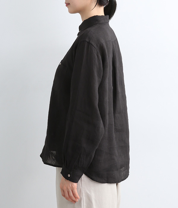 リネン　襟付きプルオーバーシャツ(C・ブラック)