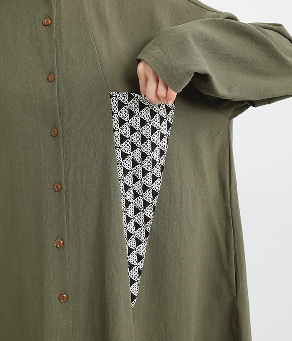 刺繍切替ポケット付き ワンピース(B・カーキ×レース)