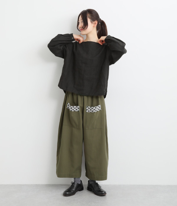 刺繍切替ポケット付き ワイドパンツ(B・ネイビー×レース)