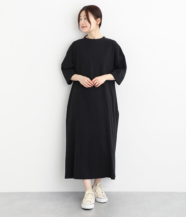 コットン6分袖ロングワンピース(ブラック)