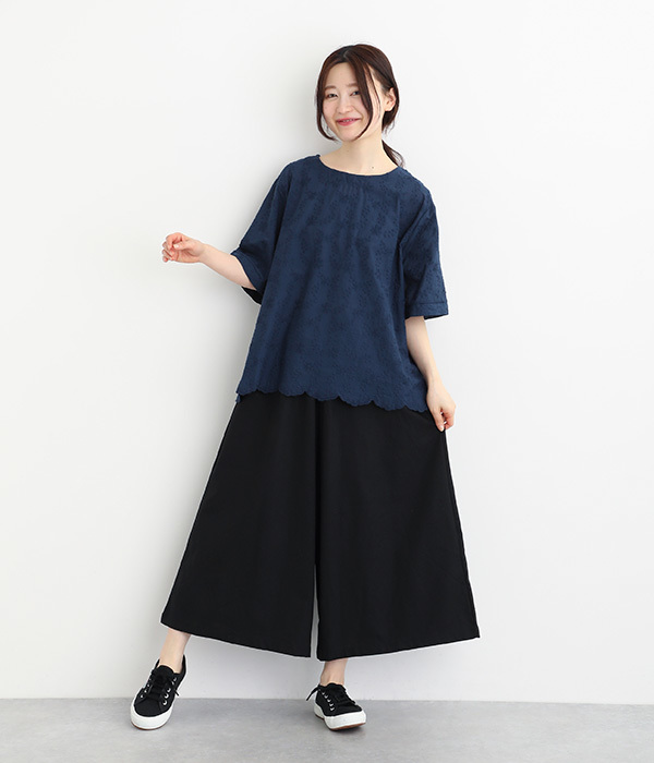 コットン レースプルオーバー リーフ刺繍(C・ブラック)