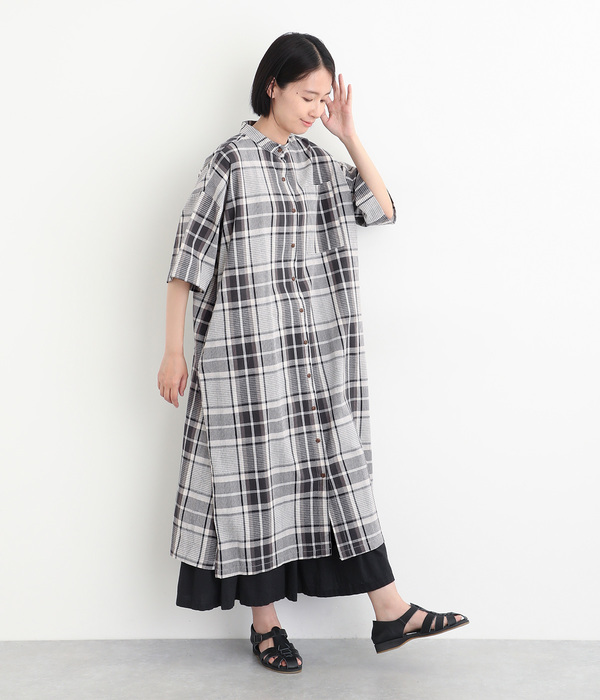 コットン ビックチェックロングワンピース(A・ナチュラル×ブラック)