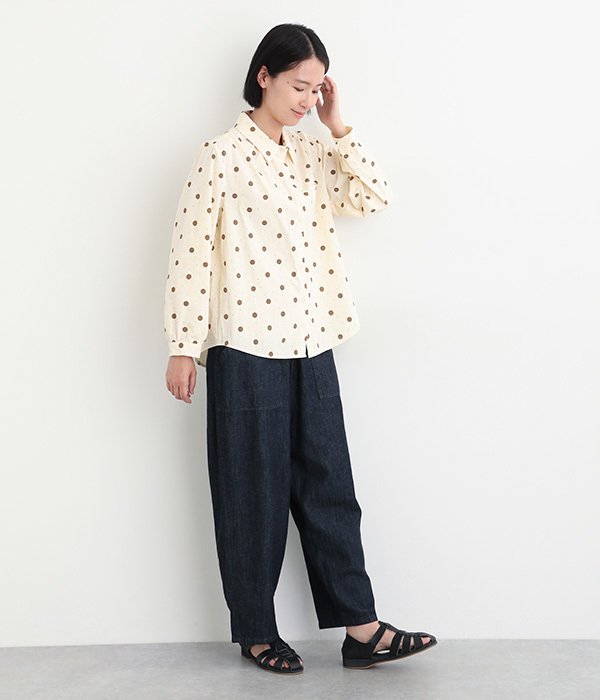 コットン ドット柄シャツ(ブラウン)