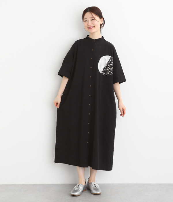 コットン 柄パッチワークワンピース(A・ナチュラル×ブラック コットン 柄パッチワークワンピース(A・ナチュラル×ブラック