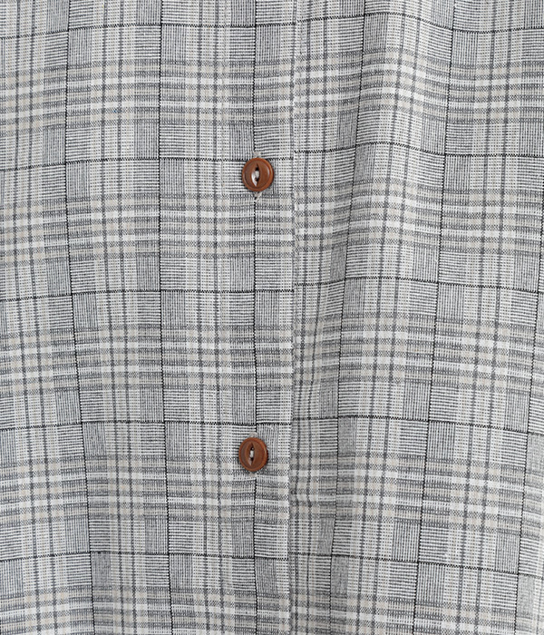 コットンリネンBIGチェック5分袖後ろギャザーシャツ(A・グレー×ナチュラル)