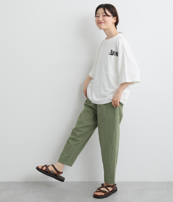 空紡糸ポケットCATパターン刺繍Tシャツ(A・ホワイト)