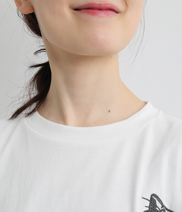空紡糸ポケットCATパターン刺繍Tシャツ(A・ホワイト)