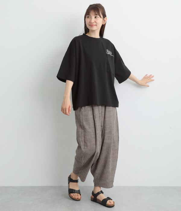 空紡糸ポケットCATパターン刺繍Tシャツ(B・ブラック)