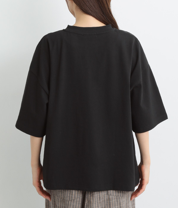 空紡糸ポケットCATパターン刺繍Tシャツ(B・ブラック)