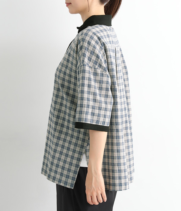 コットンリネンブロックチェック丸襟配色シャツ(A・ブルーグレー×ブラック)