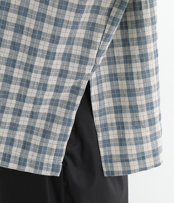 コットンリネンブロックチェック丸襟配色シャツ(A・ブルーグレー×ブラック)