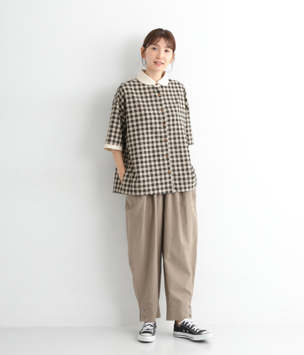 コットンリネンブロックチェック丸襟配色シャツ(B・ブラック×ナチュラル)