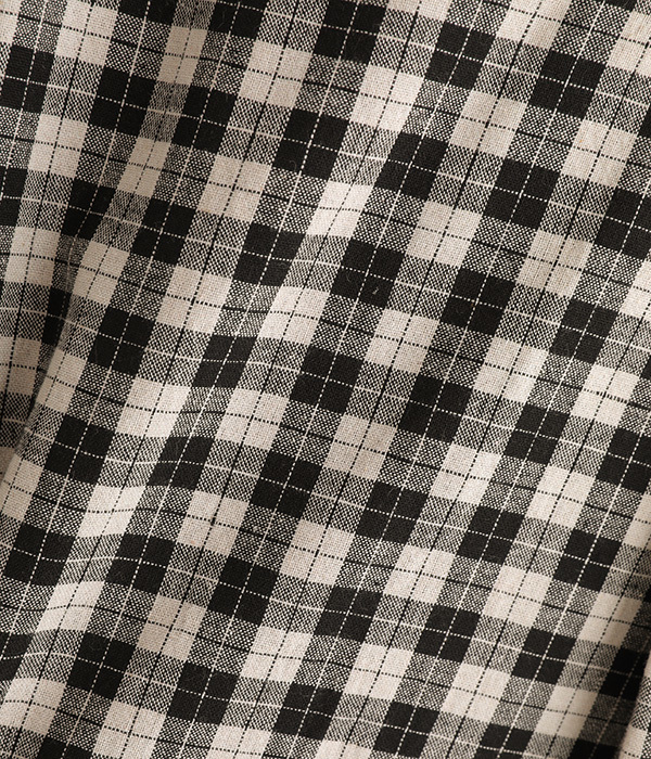 コットンリネンブロックチェック丸襟配色シャツ(B・ブラック×ナチュラル)