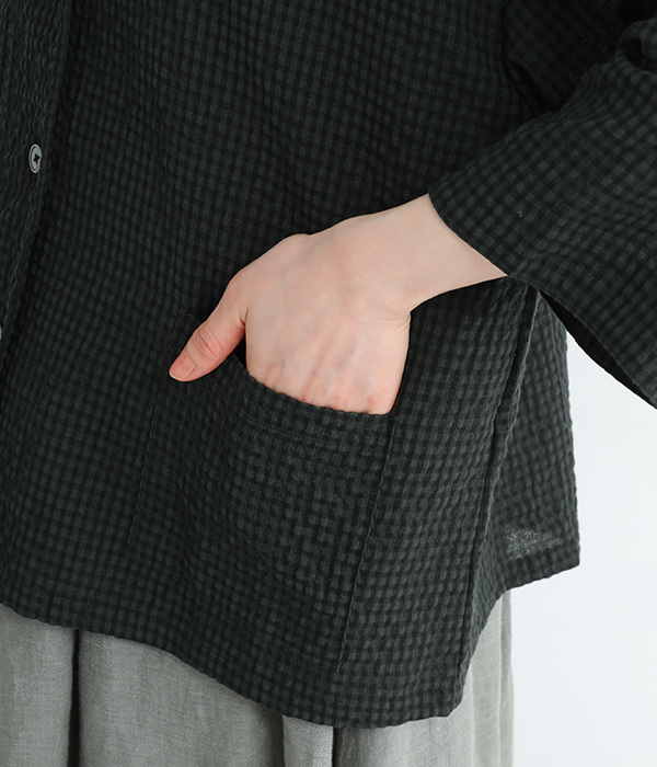スタンドカラーシャツジャケット(B・グリーン×ブラック)