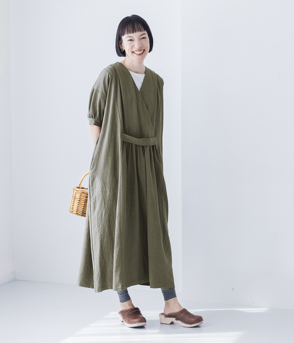 5分袖カシュクール風ワンピース(B・カーキ)