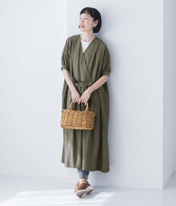 5分袖カシュクール風ワンピース(B・カーキ)