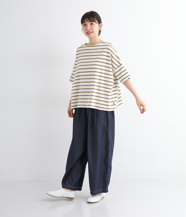 ライトヘビー天竺 変形袖ワイドTシャツ(A・ブラウンボーダー)