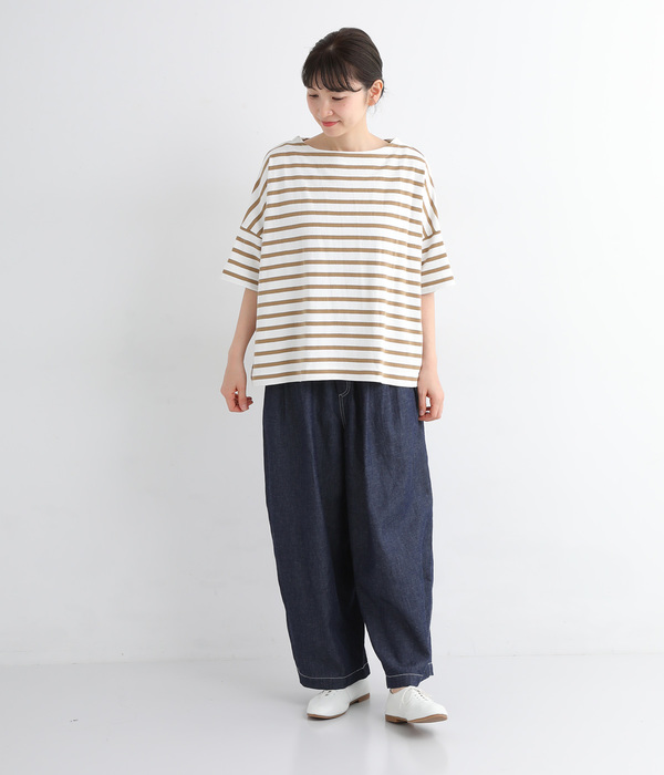ライトヘビー天竺 変形袖ワイドTシャツ(A・ブラウンボーダー)