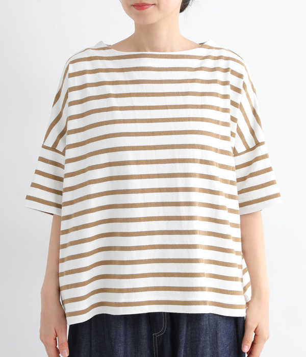 ライトヘビー天竺 変形袖ワイドTシャツ(A・ブラウンボーダー)