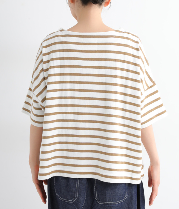 ライトヘビー天竺 変形袖ワイドTシャツ(A・ブラウンボーダー)