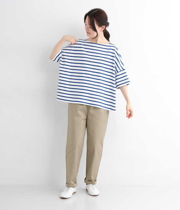 ライトヘビー天竺 変形袖ワイドTシャツ(A・ブラウンボーダー)
