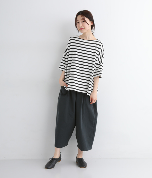 ライトヘビー天竺 変形袖ワイドTシャツ(A・ブラウンボーダー)