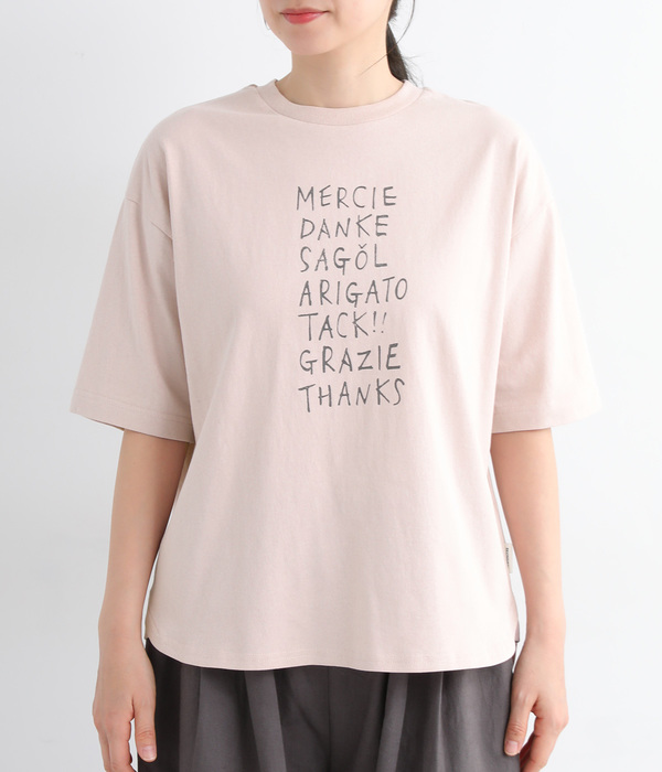 リサイクルコットン天竺 あいさつロゴプリントTシャツ(B・ピンク)