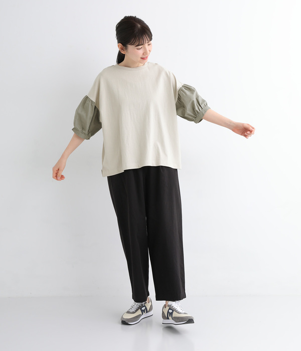 リサイクルコットン天竺 異素材コンビプルオーバー(A・グレージュ)