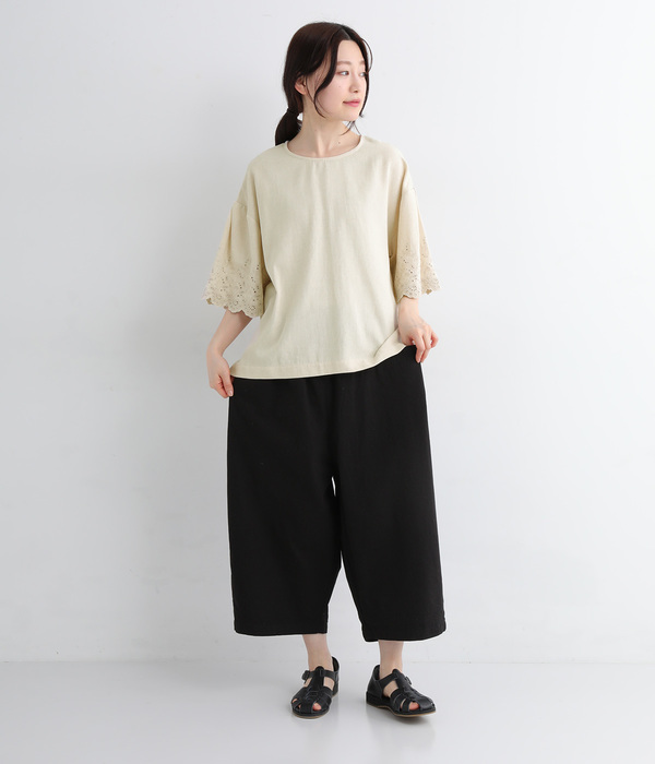 コットンリネン スカラップ刺繍ブラウス(B・ネイビー)