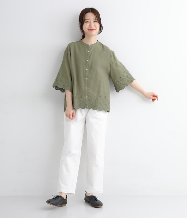 コットンリネン スカラップ刺繍前開きブラウス(B・カーキ)